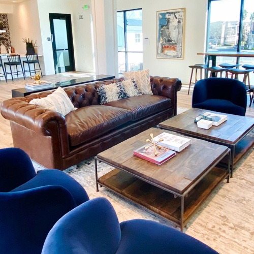 social seating and kitchen in bright community room